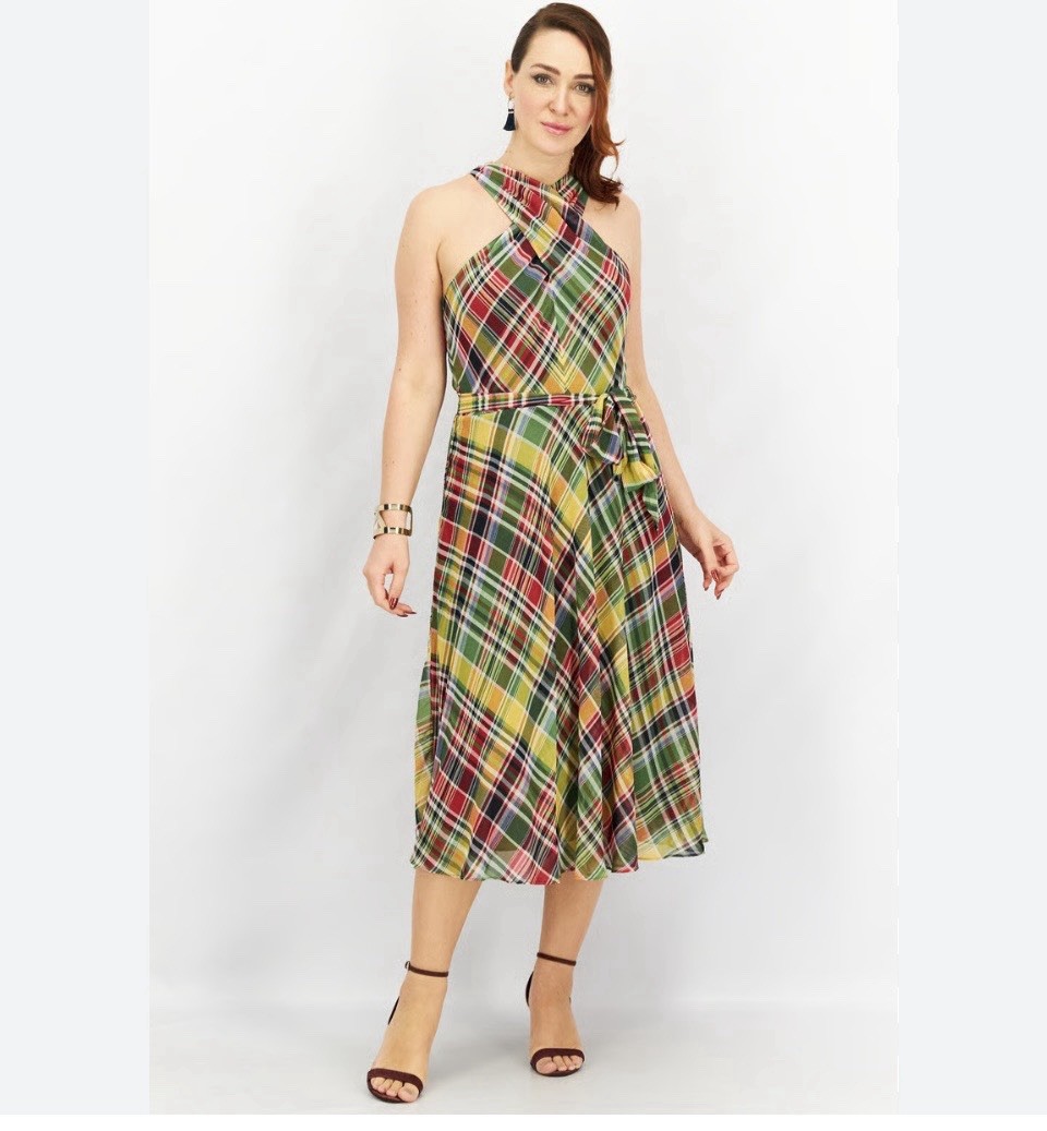 ralph lauren plaid halter dress Lauren Ralph Lauren Plaid Crinkle Georgette Halter Women's Dress : 12