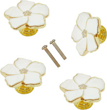 4 White Flower Petal Handles Kitchen Cabinet Knobs  Drawer Pulls Gold, 8 Screw