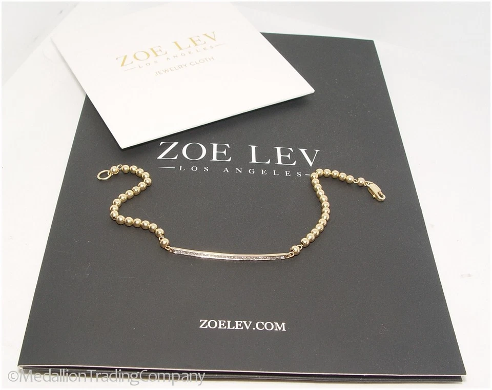 ZOE LEV 14k Yellow Gold Pave' Diamond Bar 3mm Bead Ball Bracelet 7 Inch 4.17 grm - Image 2 of 4