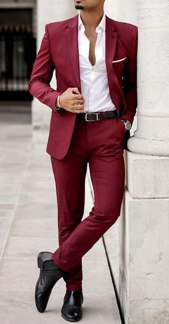 Men's Tuxedo Blazer Soft Solid Diamond Maroon 2Pc Slim Fit Shawl Lapel 2645  | eBay