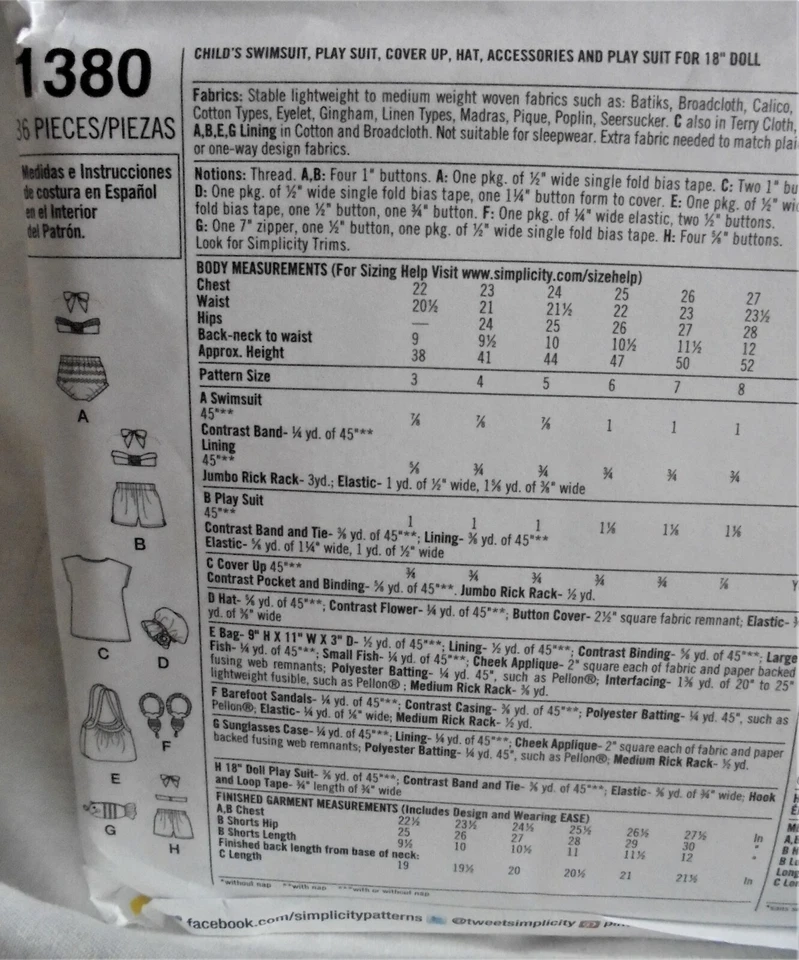 Simplicity 1380A Child's Swimsuit, Playsuit, Cover Up, Hat, Doll Suit-Sz.3-8-New - Image 2 of 2