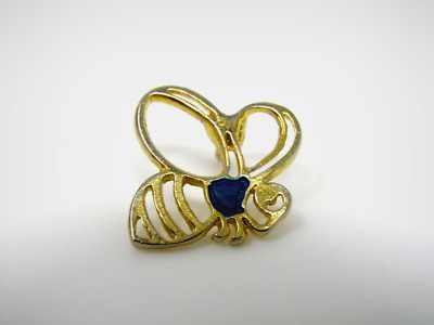 Vintage Bee Pin Brooch Gold Tone Openwork Heart Wings Blue Enamel Insect Jewelry