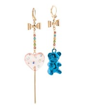 BETSEY JOHNSON GOLD TONE, PINK LOLLIPOP,BLUE BEAR,CRYSTALS,BOW,DANGLE EARRINGS