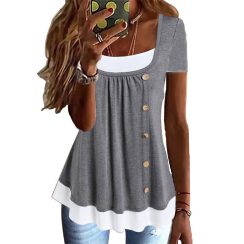 Mujeres Botón Volantes Túnica Prendas para el torso Damas Manga Corta Verano Informal Sueltas Camisetas - Imagen 7 de 17