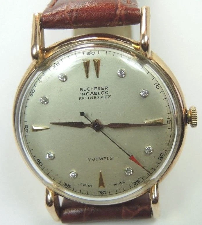 Retro Bucherer Incablock 18K Yellow Gold 17 Jewels Mens Diamond