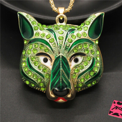 New Fashion Lady Green Enamel Wolf Head Animal Crystal Pendant Women Necklace