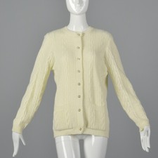 M Cream Cable Knit Cardigan Sweater Button Front Autumn Separates 1980s 80s VTG