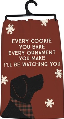 Fun Pet Themed Red Holiday Kitchen Towel, Every Cookie You Bake I'll Be Watching