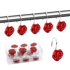 12 PCS Shower Curtain Hooks Resin Rose Flower Rings Decorative Red Rustproof