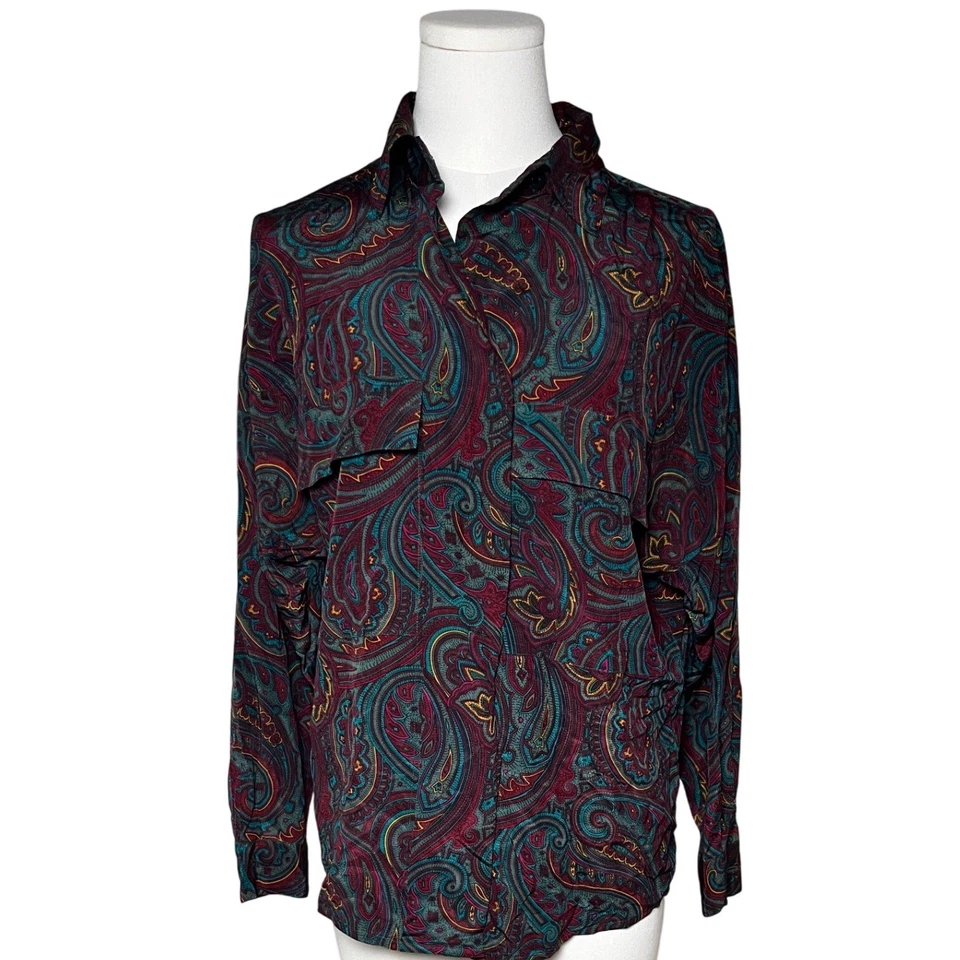 Blusa vintage de seda cachemira Linda Allard Ellen Tracy hombro caído años 80 90 Foto 3 de 4