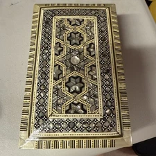 Vtg Wooden Inlay Marquetry Hinged Trinket Jewelry Box Abalone Mother of Pearl