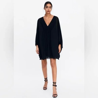 Zara Black Chiffon Mini Dress Small Long Sleeve Tunic Flowy Evening Goth Glam