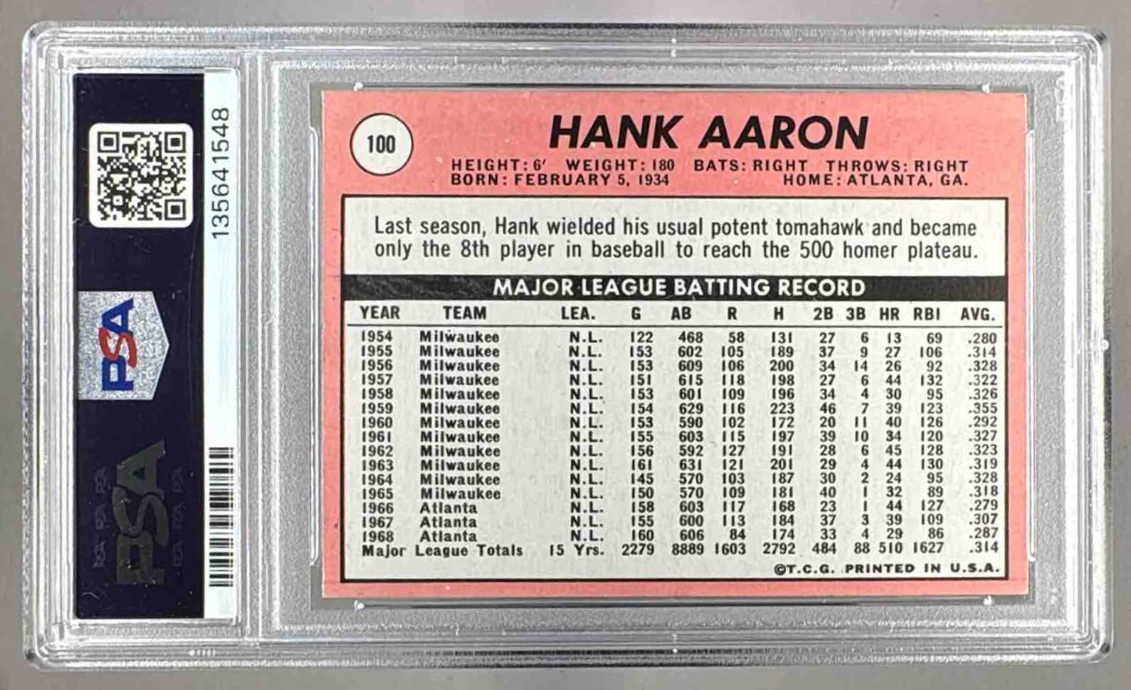 1969 Topps 100 Hank Aaron PSA 6 - 135641548 view 2
