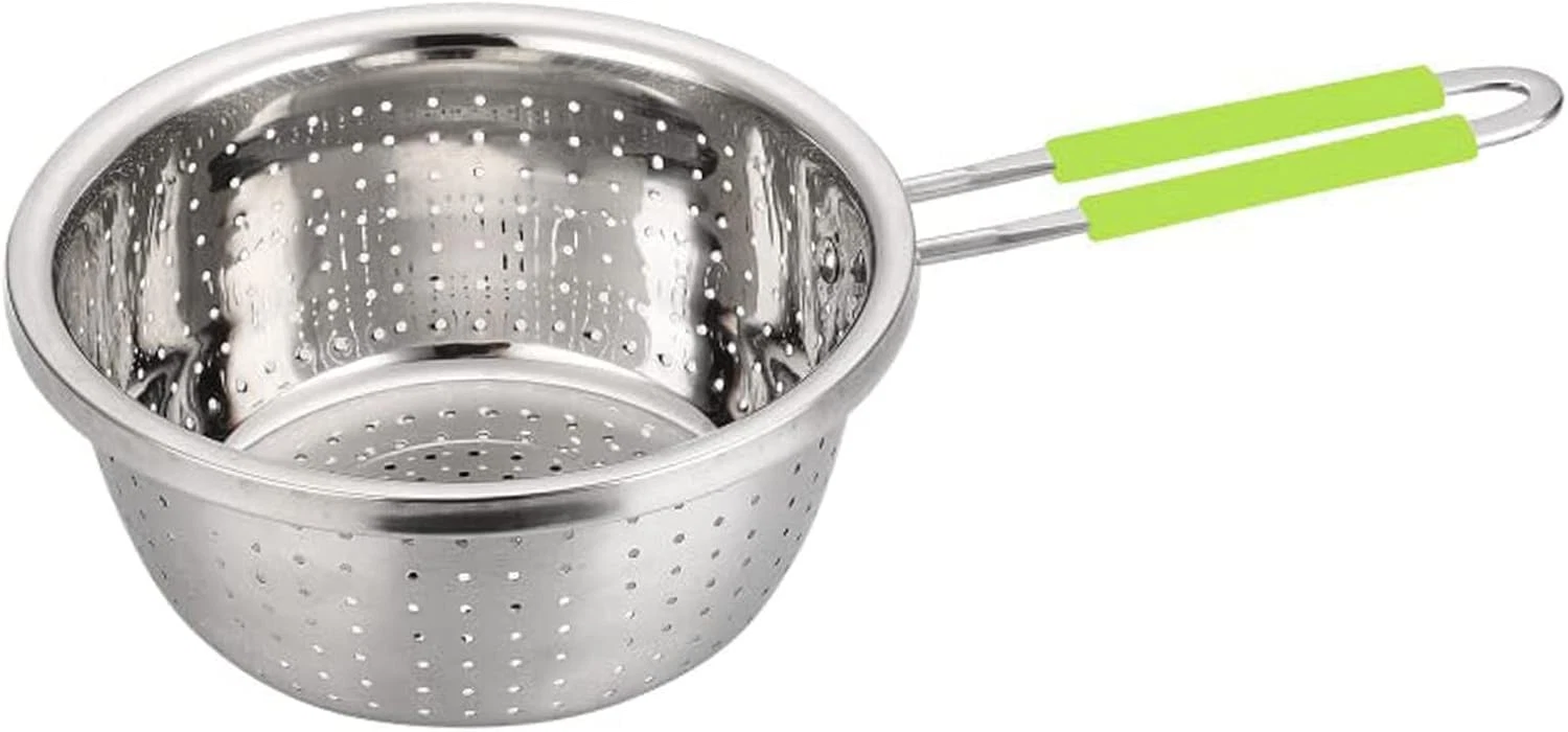 Stainless Steel Perforated Colander Strainer W/ Long Green Handle Sieve Sifters