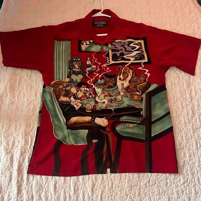Vintage Dragonfly Shirt Mens M Red 90S Poker Dogs All Over Print Button Up EUC