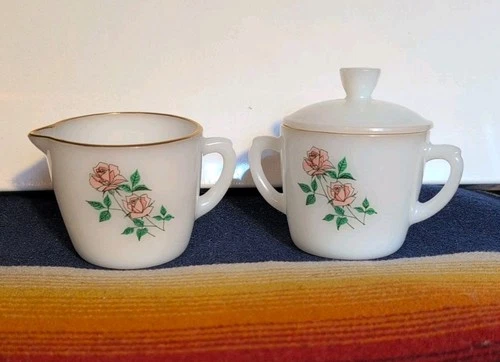 VINTAGE FIRE KING USA OVEN WARE MILK GLASS PINK ROSE CREAMER SUGAR SET