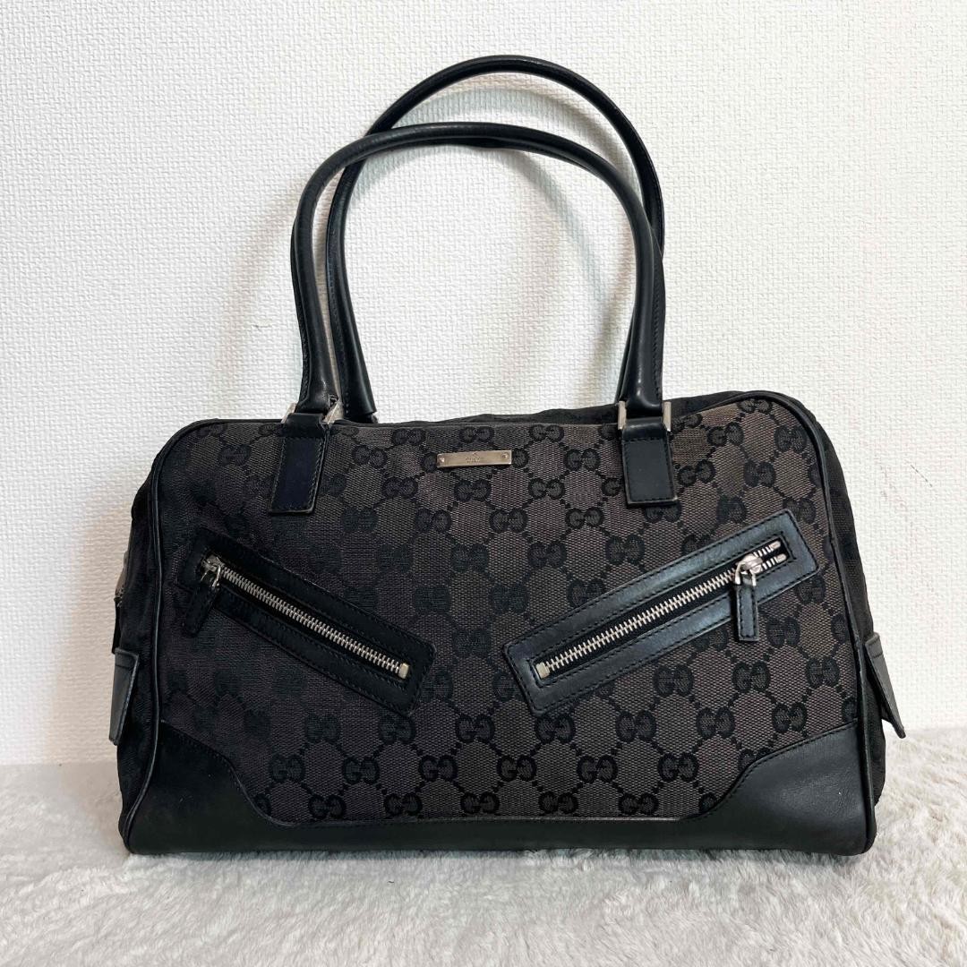 Gucci GG Canvas Black Leather Tote Bag Semi Shoulder Large Capacity Pre-Owned