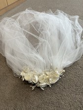 Vintage white fingertip bridal veil with ivory Rose headpiece
