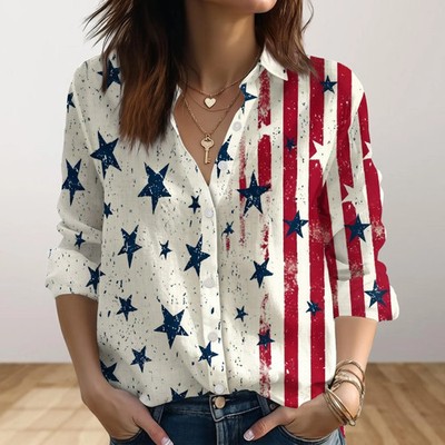 Star USA Patriotic Blouse 4th of July American Flag Shirt Red White Blue Top