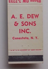 1950s A. E. Dew Sons Lumber Roof Canastota NY Madison Co Matchbook New York