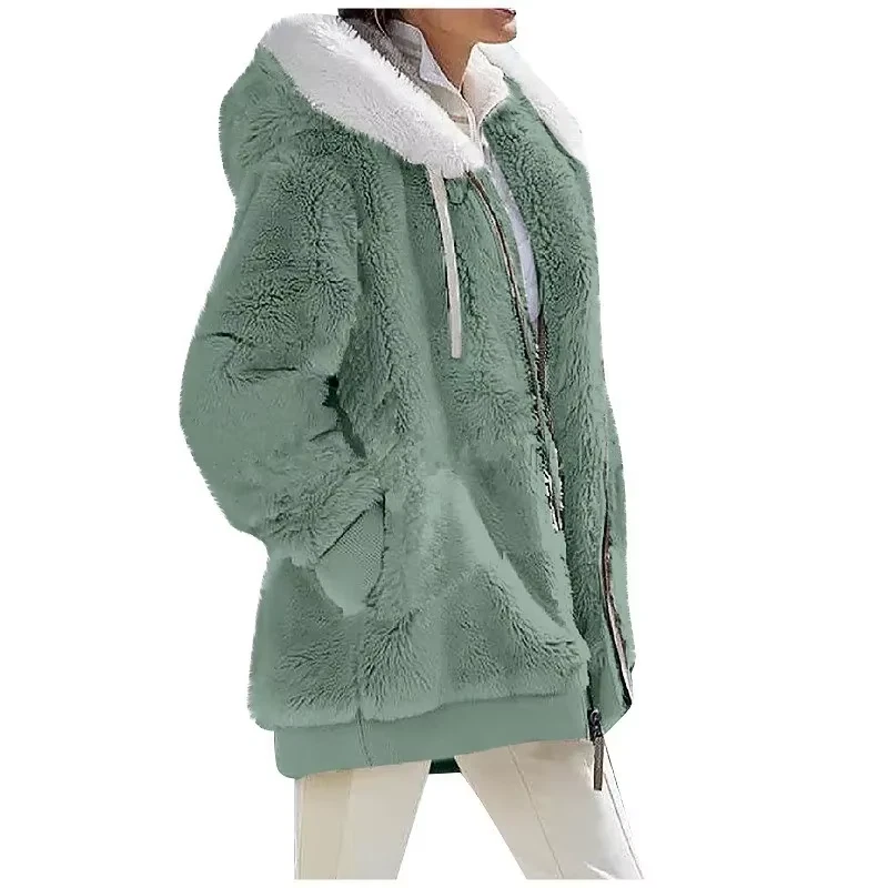 Women's Fur Jacket Winter Warm Plush Pocket Hooded Loose Lady Outerwear Coat NEW