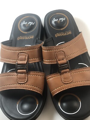Womens Aerosoft Tan Slide Sandals Size 37 = US 7 Comfort Low Wedge Simple