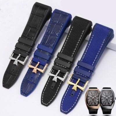 Echtleder Uhrenarmband für Franck Muller V45 schwarz-blau Yacht Nadelschnalle