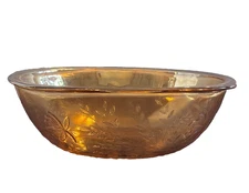 Iridescent Jeanette Amber Glass Bowl Floragold Etching Collectible Piece 8.25" D