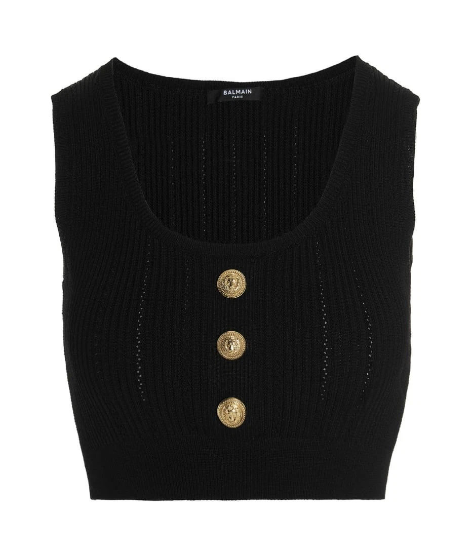 Balmain — BALMAIN Womens Black Knit Crop Top Gold Button FR34/US2 $1,290 RRP