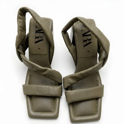 Zara Women's Olive Green Padded Square Toe Block Heel Sandals Size UK 5 - Image 1 of 4