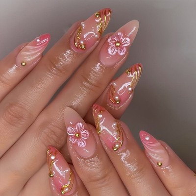 3D Watercolor Floral Almond False Nail No Glues Needed Easy Application