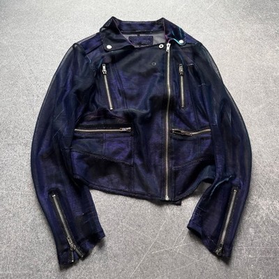 Vintage Iridescent Mesh Biker Jacket Zip Cropped Y2K Cyber Punk Rare