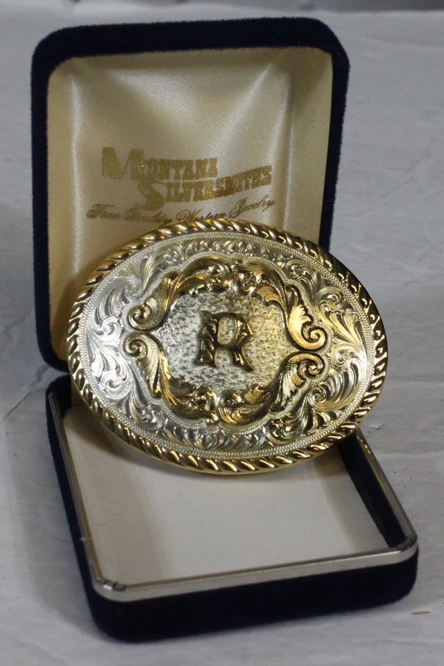 复古蒙大拿银匠皮带扣银盘 R 大西部牛仔金盒 — 第 2/4 张图片