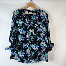 Croft & Barrow Womens Button Up Work Top Size 2XL Black Floral Roll Tab Sleeves