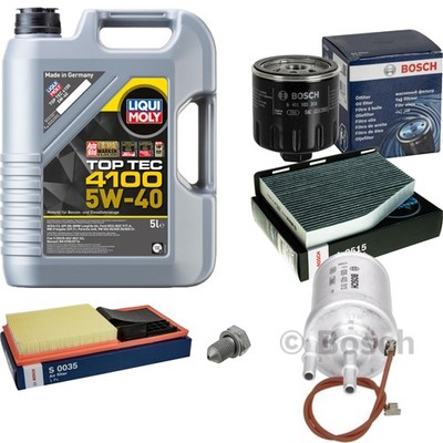 BOSCH Inspektionspaket 5L Liqui Moly Top Tec 4100 5W-40 für VW Golf Plus 1.4
