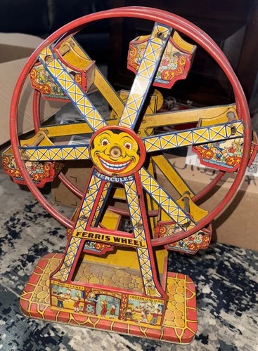 1930's Vintage J Chein Co Tin Wind-Up Ferris Wheel Hercules Mechanical Litho USA