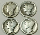 Lot of 4 consecutive Mercury Silver Dimes, 1916, 1917, 1918 and 1919, Nice Coins