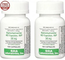 DIPHENHYDRAMINE 50MG 100ct capsules, SDA LABS, Allergy Relief (2- Pack) Exp 5/29