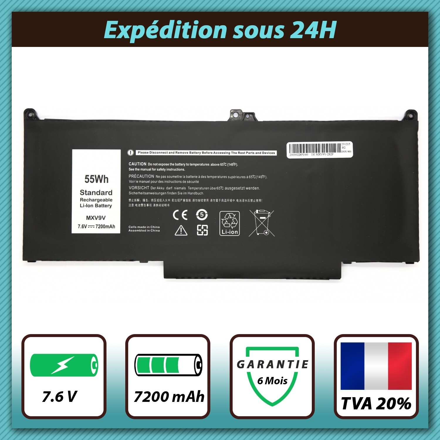 Batterie 5VC2M haute autonomie 7200mAh pour PC Dell portable