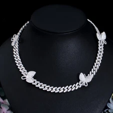 Chunky CZ Pave Butterfly Charm Cuban Chain Miami Necklace Fine Hiphop Jewelry