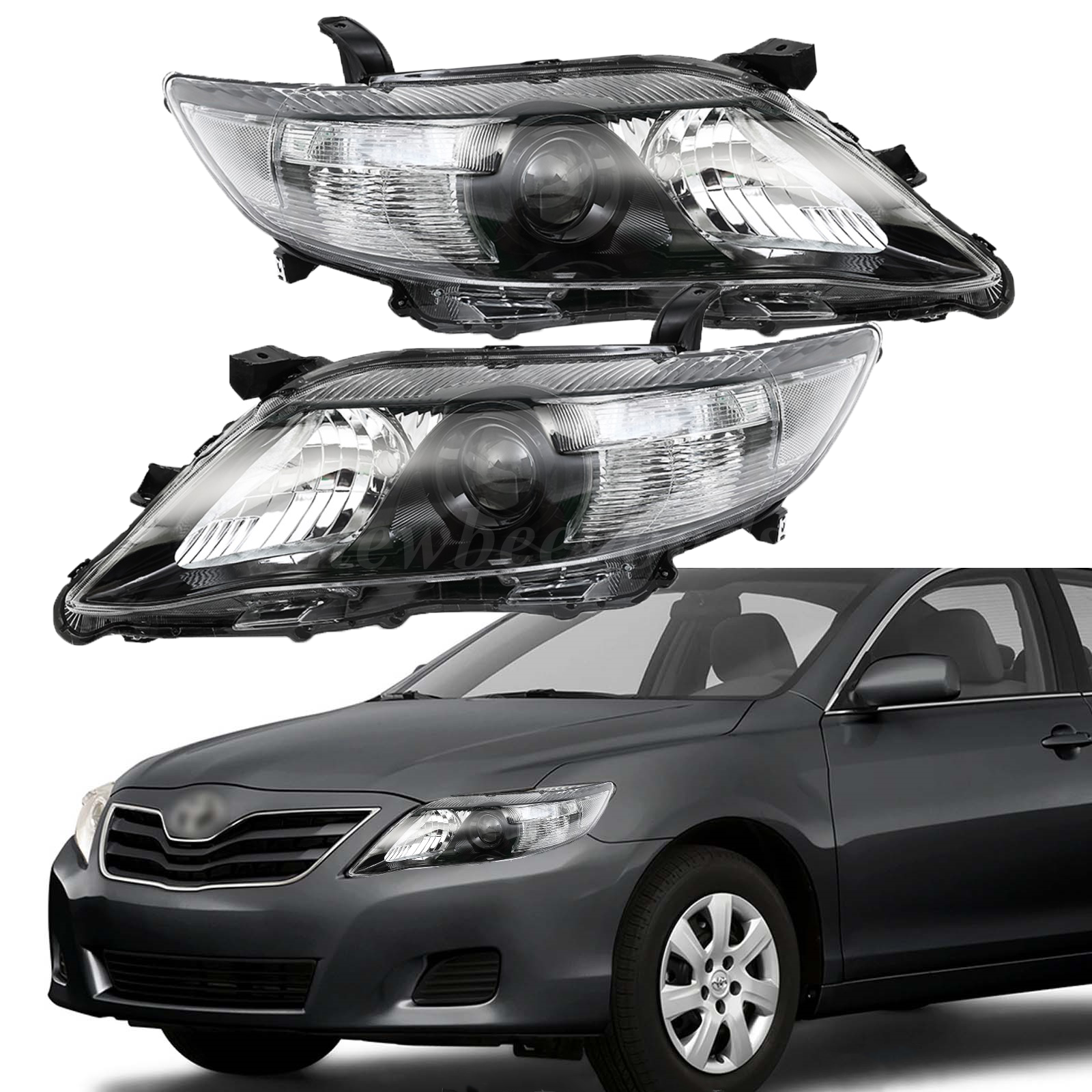 2010-2011 Toyota Camry Sedan L+R Black Clear Reflector Headlights