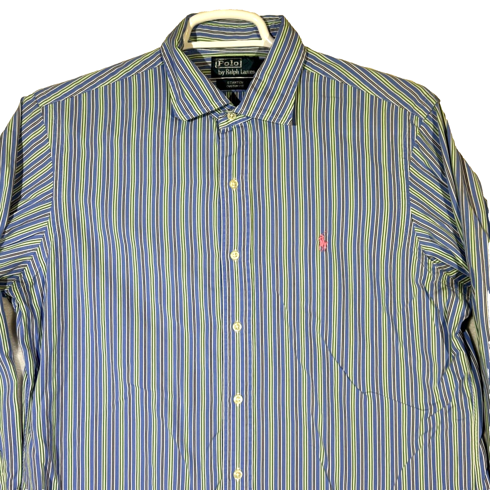 PONY Polo By Ralph Lauren Stanton camicia uomo L blu a righe vestibilità personalizzata con bottoni M782
