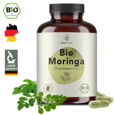 BIONUTRA  Moringa Kapseln Bio (270 x 600 mg), hochdosiert, deutsche Herstellung.