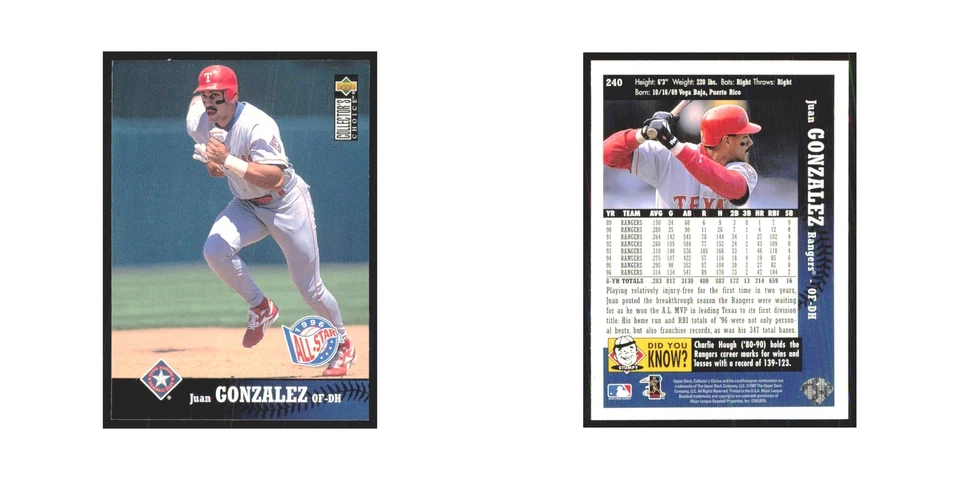 1997 Upper Deck Collectors Choice Juan Gonzalez Rangers #240 - Image 3 of 3