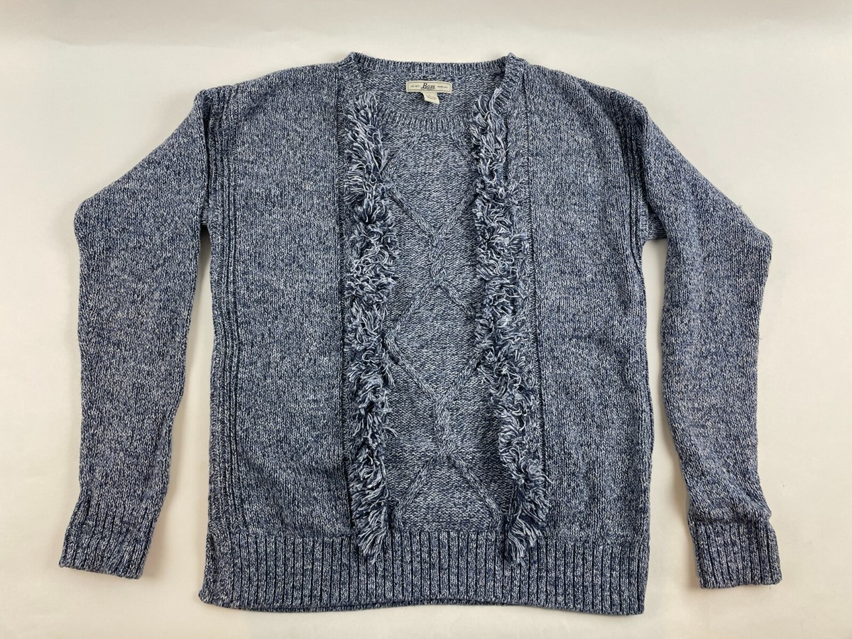 Bass Sweater Women's Size M Navy Blue Pullover Cable Knit Fringe Detailed  Front