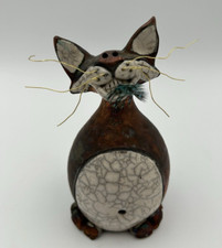 Round Tree Pottery Raku Naughty Cat With Feather Figurine Signed Nolan Windoltz