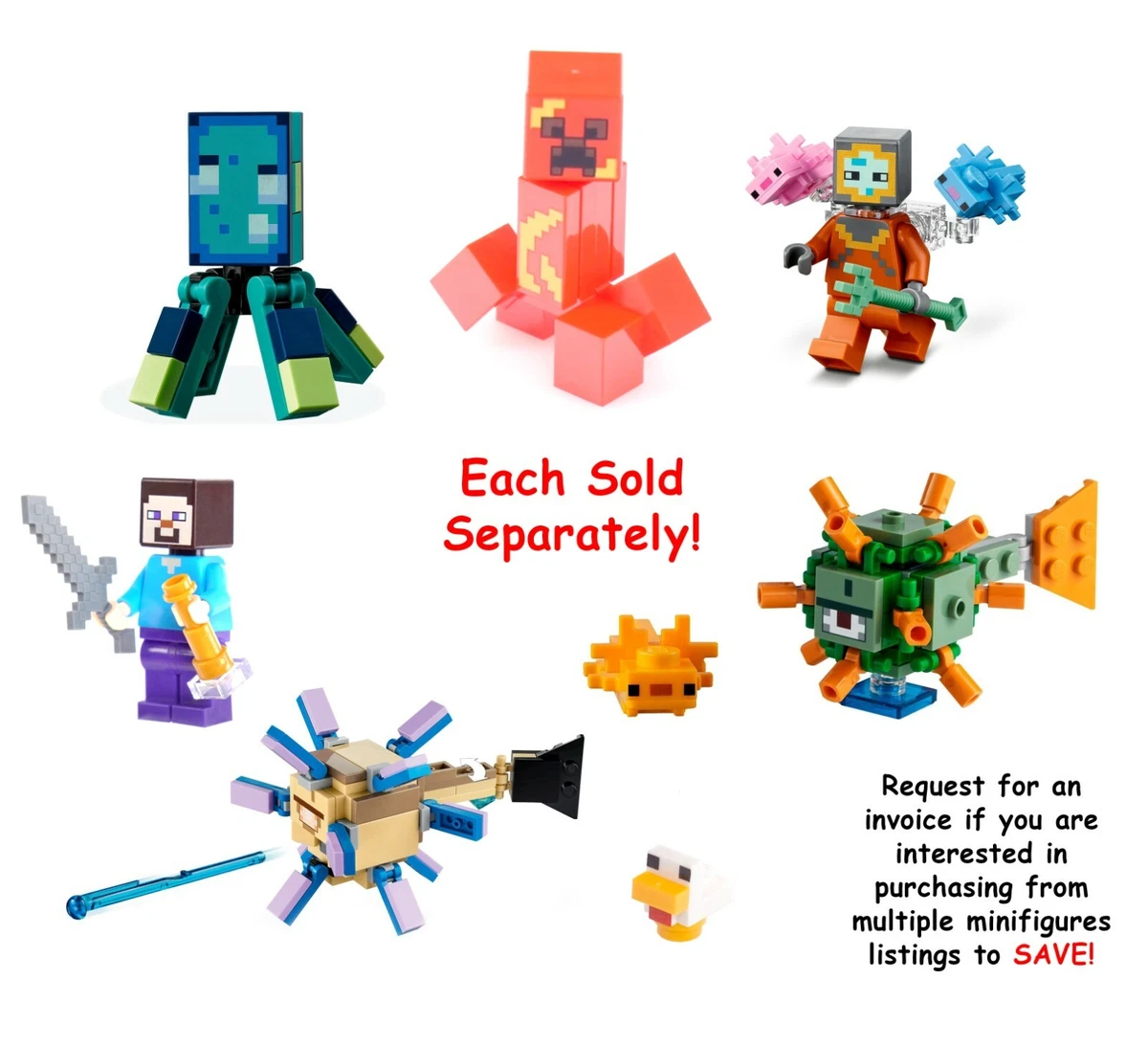 Lego Minecraft 21180 21177 Guardian Battle Creeper Ambush Axolotl Glow Squid