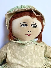 Tattered Rag Cloth Doll Vintage Prairie Bonnet Sewn Stitched Embroidery Folk Art