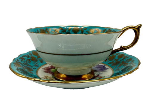 Paragon Double Warrant Teacup Saucer Teal Blue Flowers Gold Gilde Trim England - Afbeelding 3 van 9
