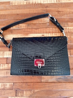 Russell & Bromley Clutch/Schultertasche aus schwarzem Lackleder mit Kroko-Prä...